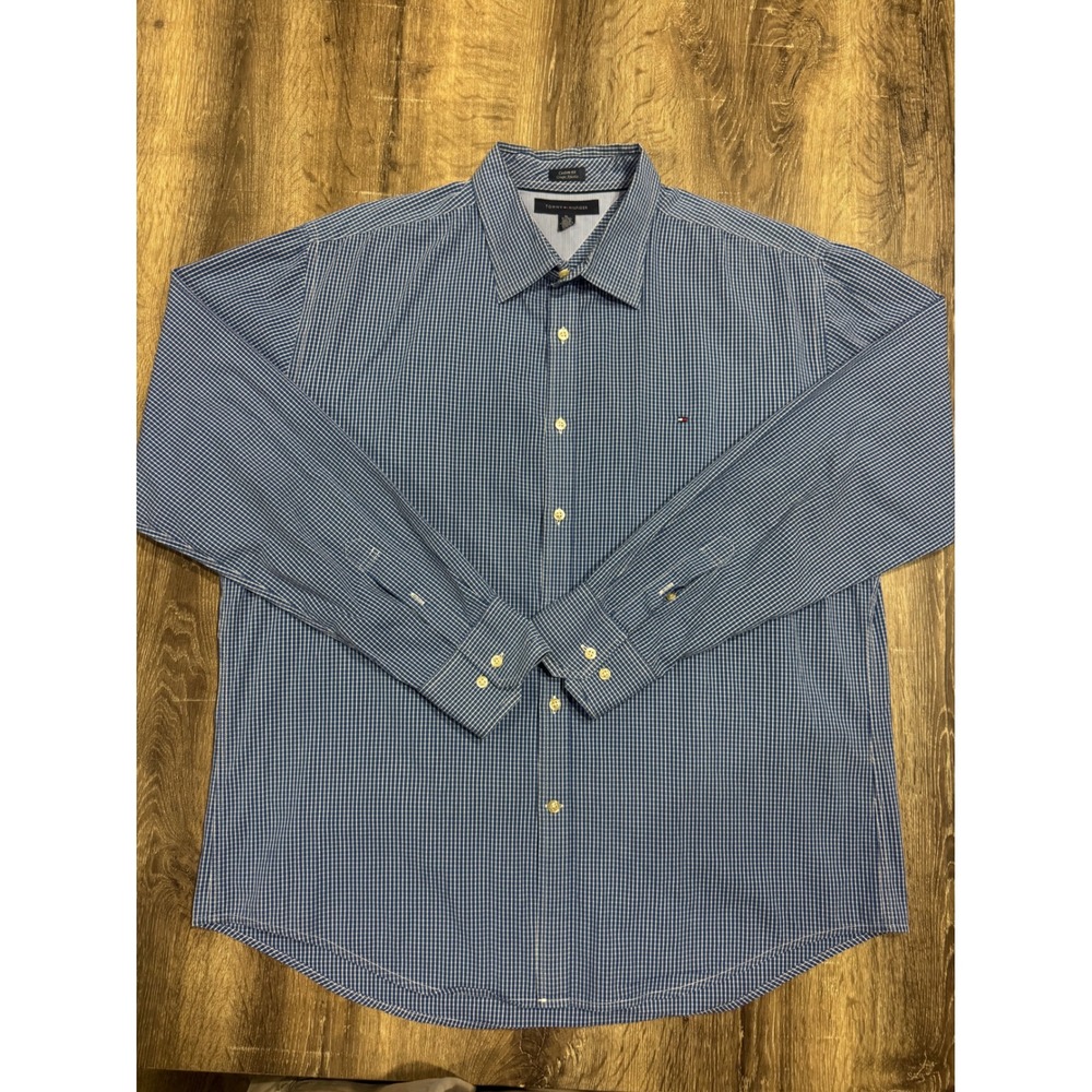 Tommy Hilfiger Mens XL Custom Fit Blue Micro Gingham Check Button Down Shirt